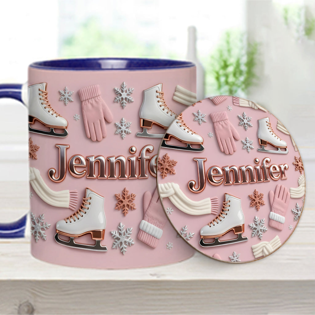 Eislaufen macht mich glücklich – Personalisierte Tasse und Untersetzer mit Eislaufmotiv