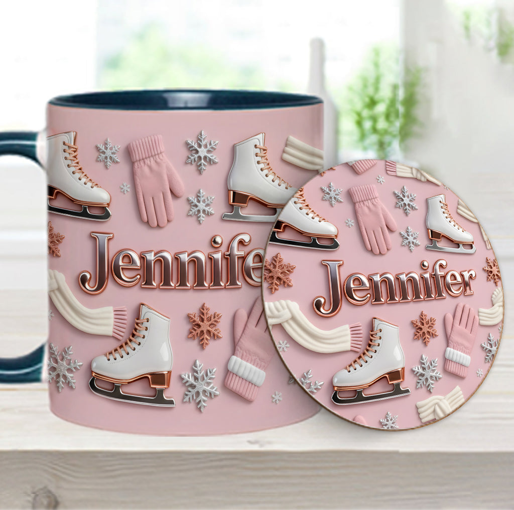 Eislaufen macht mich glücklich – Personalisierte Tasse und Untersetzer mit Eislaufmotiv