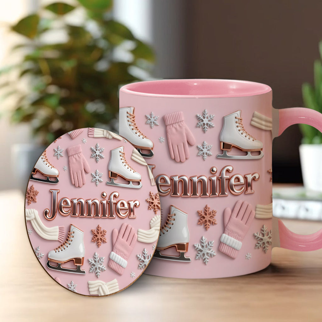 Eislaufen macht mich glücklich – Personalisierte Tasse und Untersetzer mit Eislaufmotiv