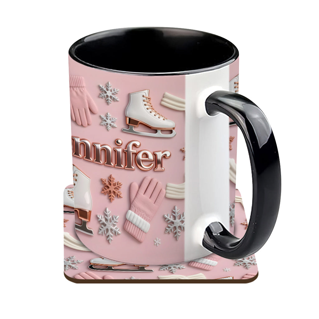 Eislaufen macht mich glücklich – Personalisierte Tasse und Untersetzer mit Eislaufmotiv