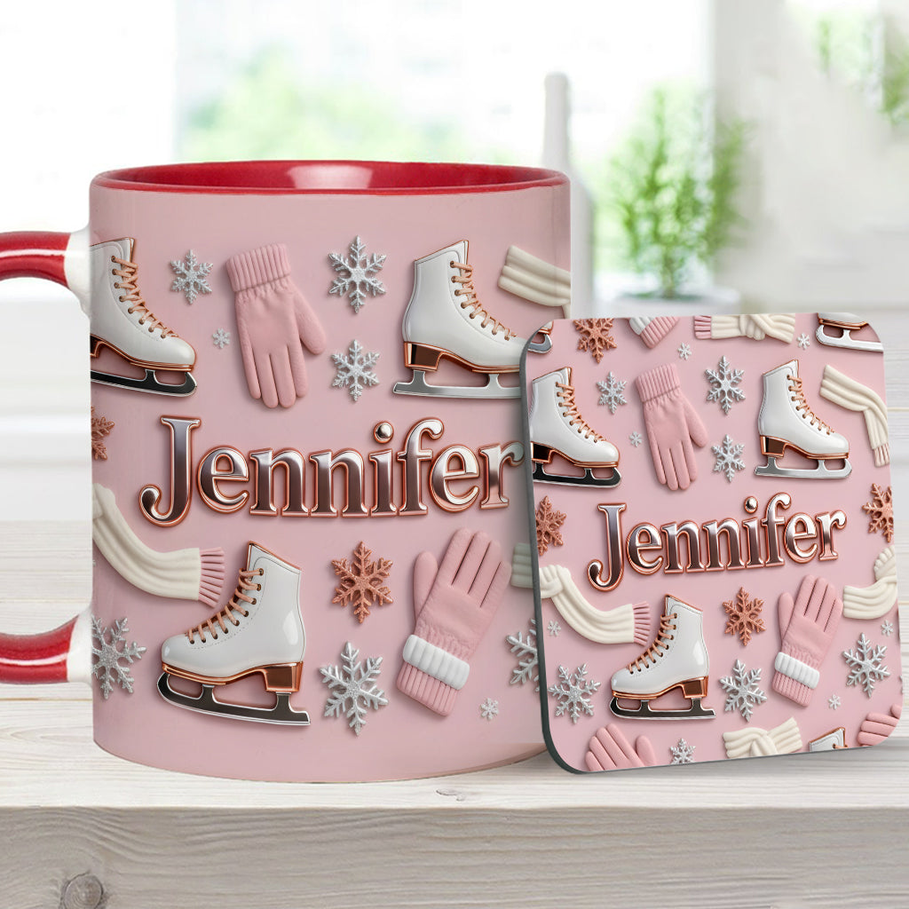 Eislaufen macht mich glücklich – Personalisierte Tasse und Untersetzer mit Eislaufmotiv