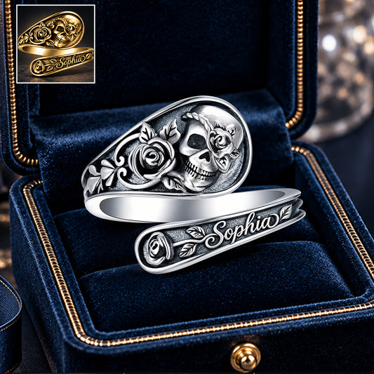 Skull & Rose - Bague Ajustable en Forme de Crâne Personnalisée