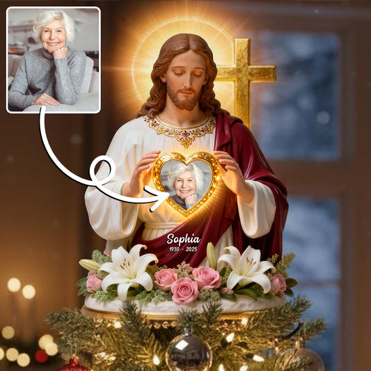 Gott hält dich in seinen Armen – Personalisierte christliche LED-Lichterbaumspitze