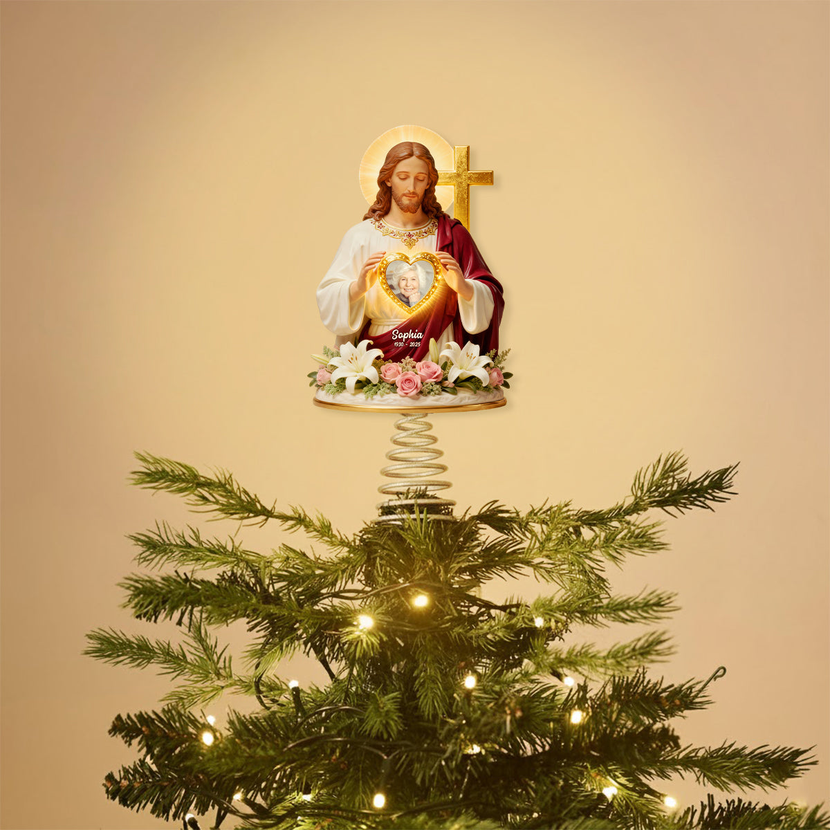 Dieu vous tient dans ses bras - Décoration de sapin lumineuse chrétienne personnalisée à LED