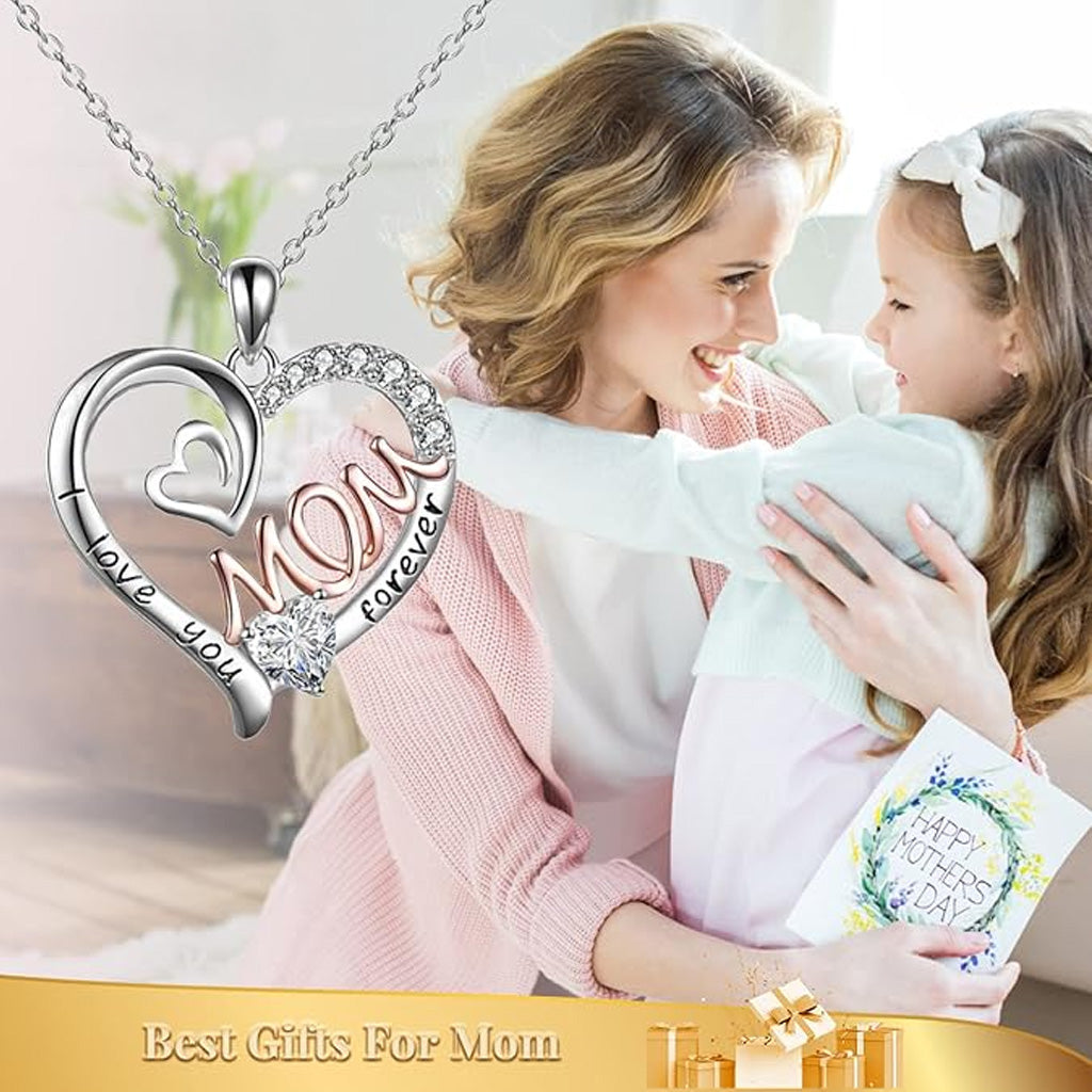 I Love You Mom Necklace Heart Pendant Rhinestone Jewelry with Box Gifts for Mom