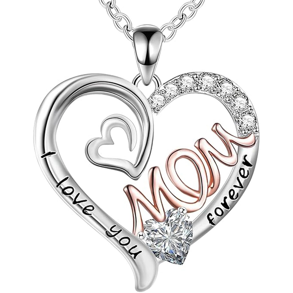 I Love You Mom Necklace Heart Pendant Rhinestone Jewelry with Box Gifts for Mom