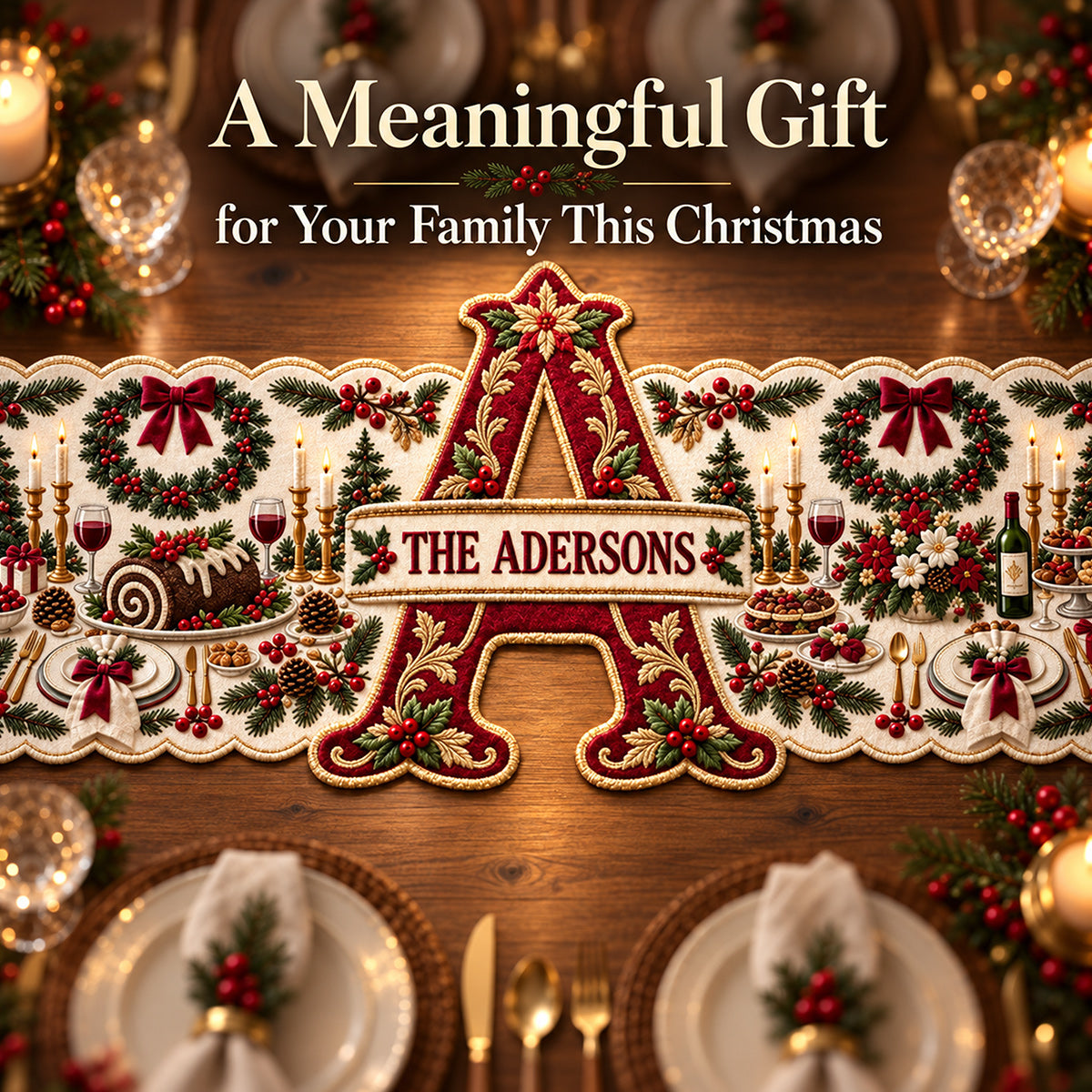 Christmas Initial Table Runner Family Gift - Personalized Family Custom Shape Table Runner