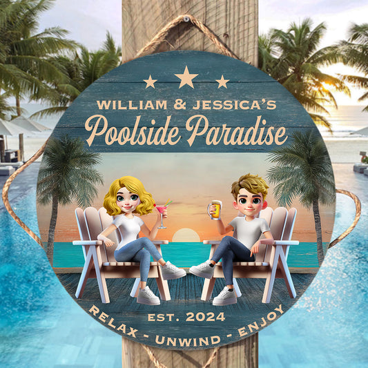 Poolside Paradise - Personalized Couple Round Wood Sign