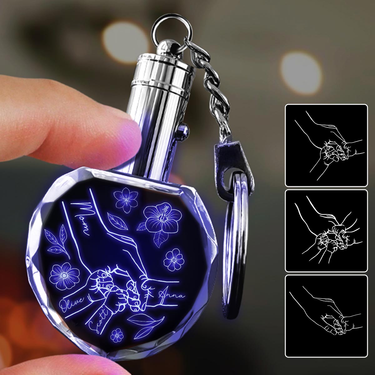 Mother Holding Hands - Personalized Mother LED Light Crystal Keychain