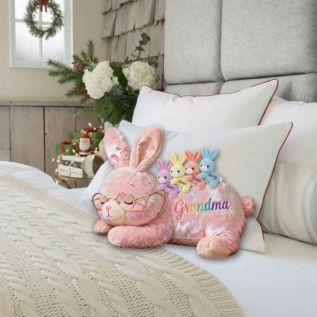 Coussin personnalisé en fausse fourrure en forme de grand-mère avec ses bébés lapins