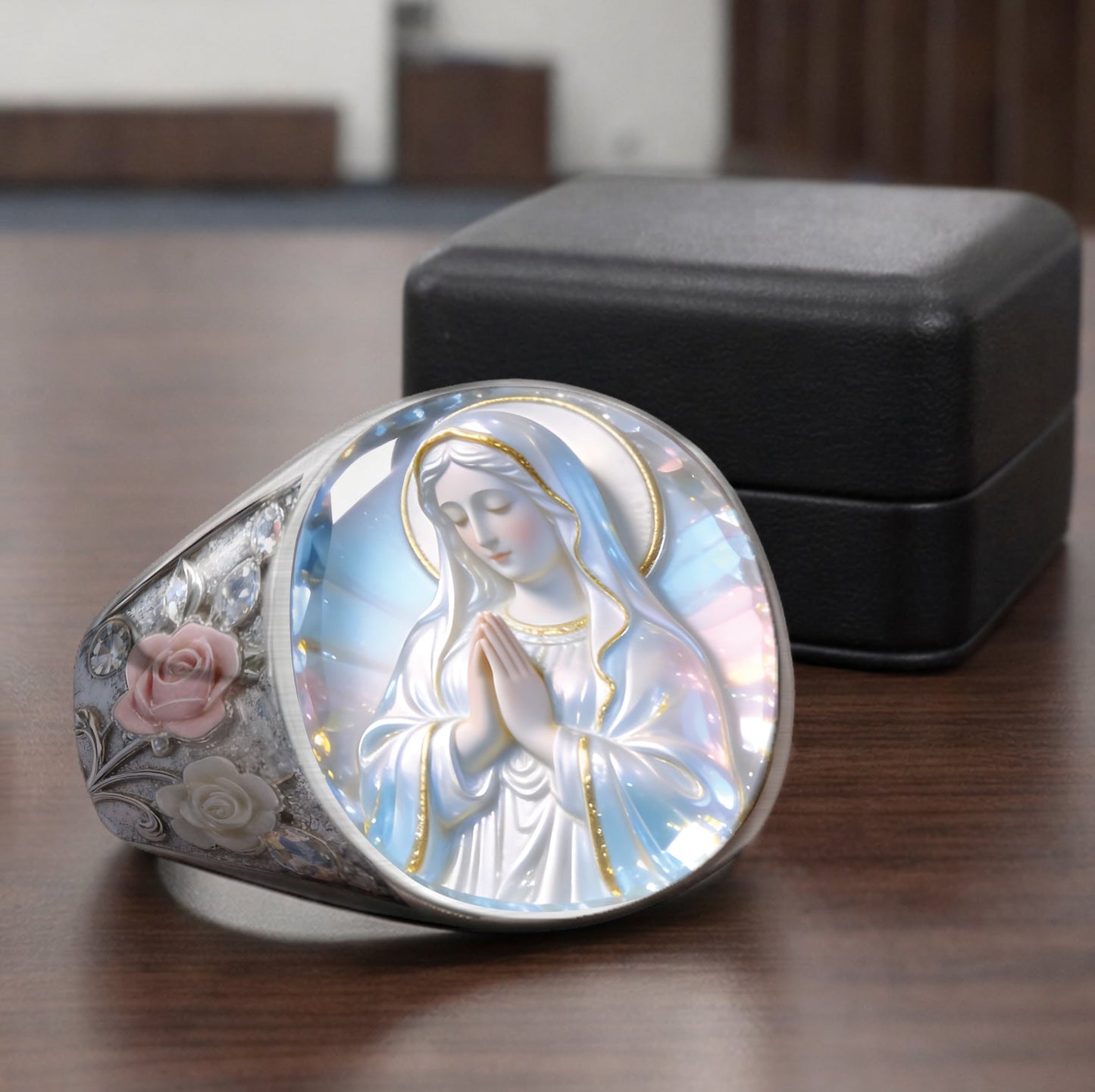 Bague chevalière chrétienne personnalisée « L'éclat éternel de Notre-Dame »