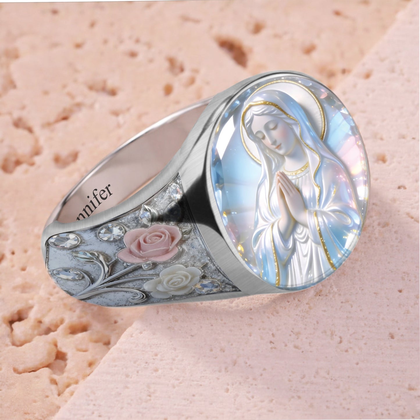 Bague chevalière chrétienne personnalisée « L'éclat éternel de Notre-Dame »