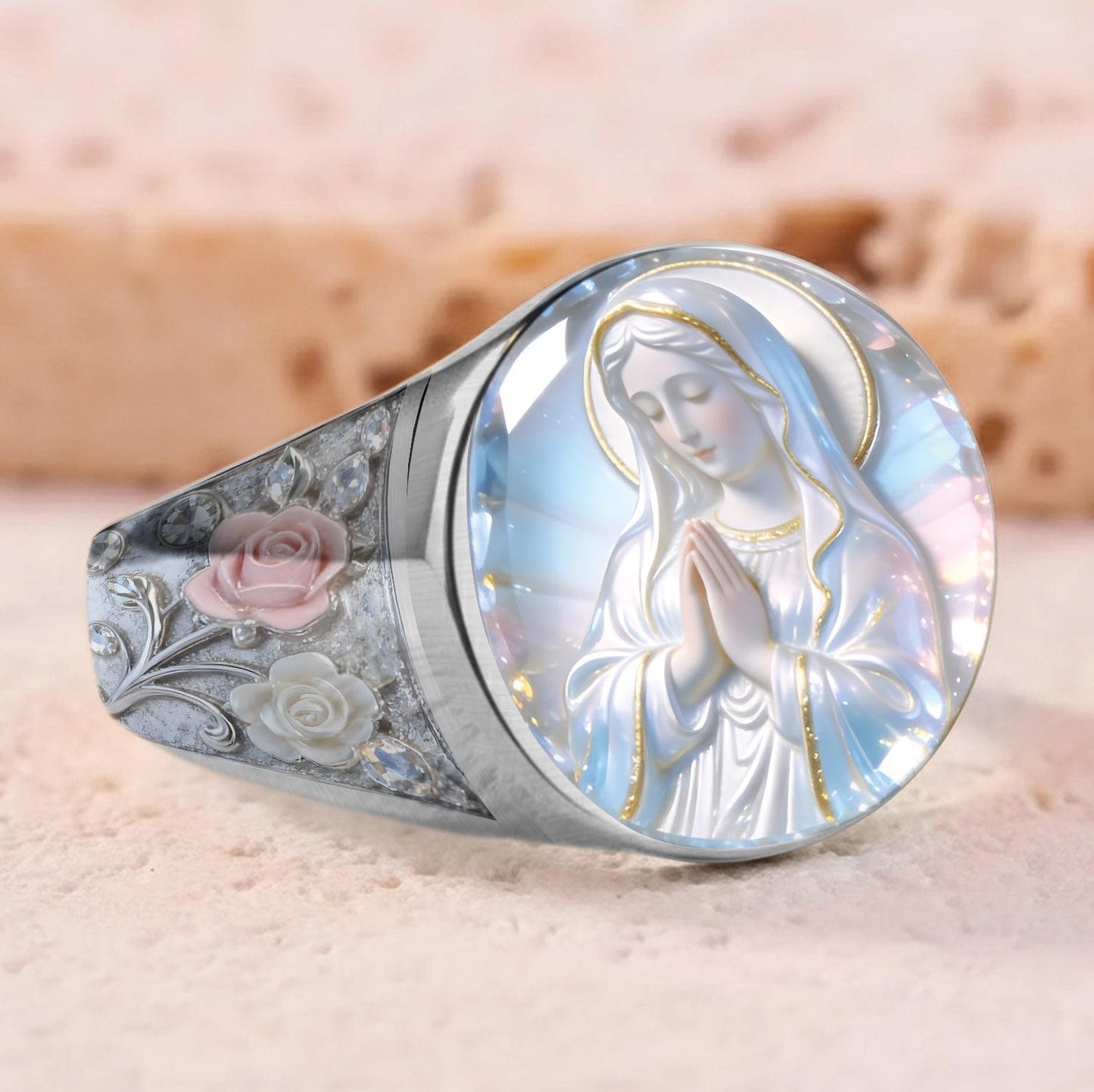 Bague chevalière chrétienne personnalisée « L'éclat éternel de Notre-Dame »
