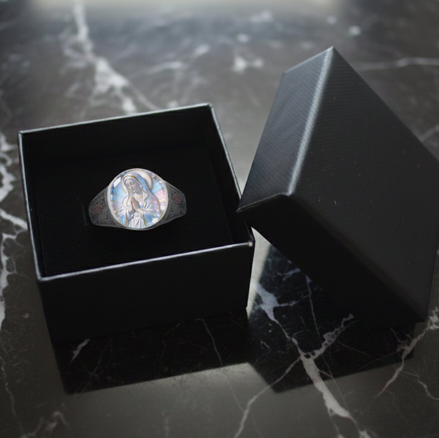 Bague chevalière chrétienne personnalisée « L'éclat éternel de Notre-Dame »