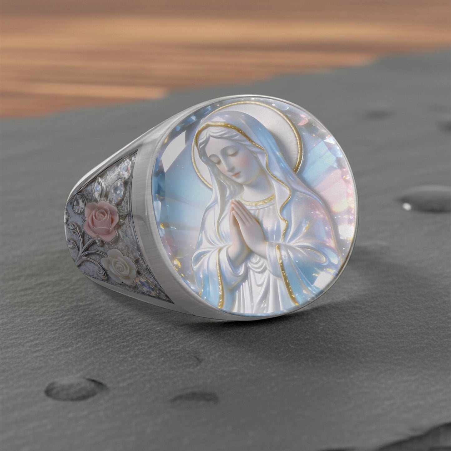 Bague chevalière chrétienne personnalisée « L'éclat éternel de Notre-Dame »