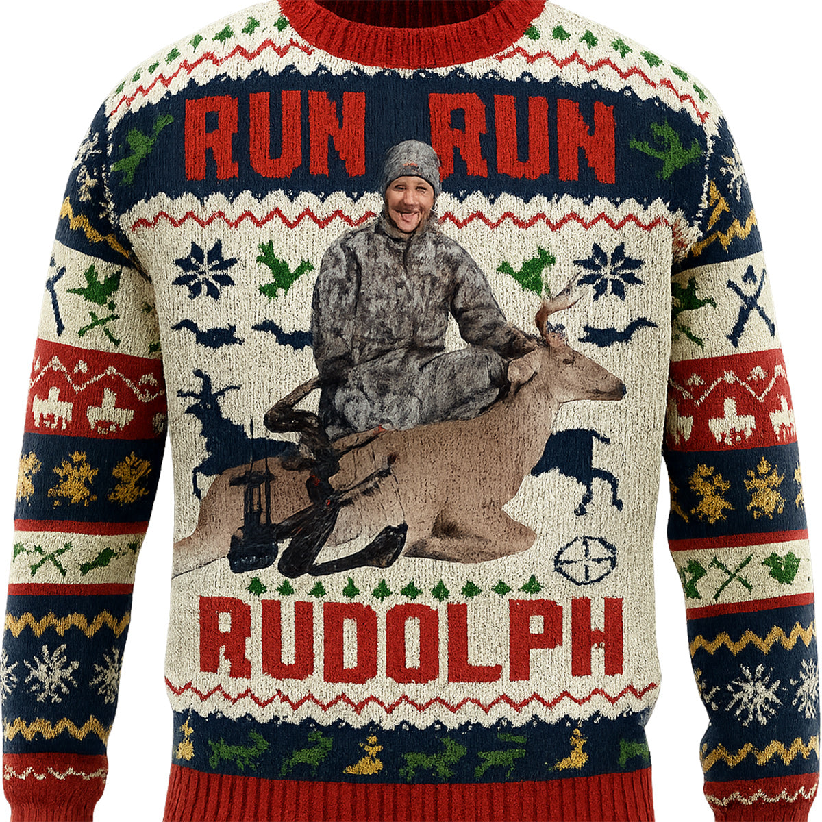 Cours, cours, Rudolph ! - Pull moche de chasse personnalisé