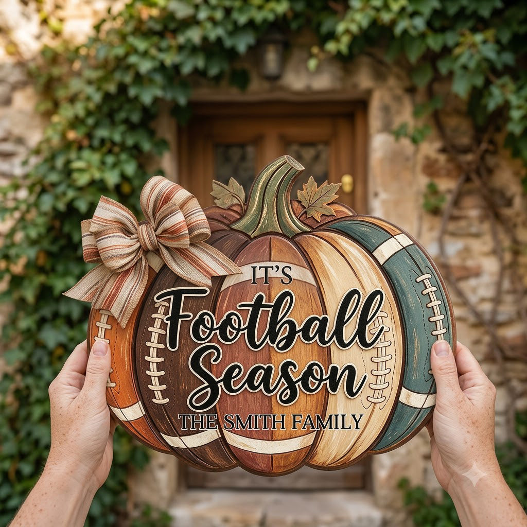 It's Football Season - Personalized Football Shaped Wood Sign With Sash
