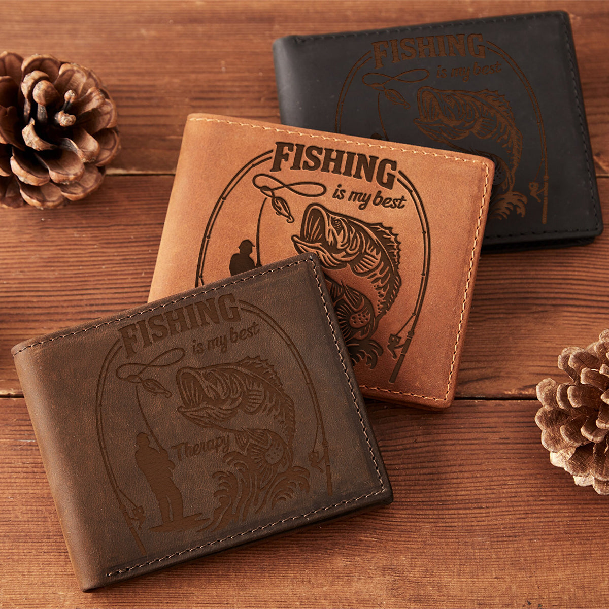 Angeln ist meine Therapie – Personalisierte Angel-Geldbörse aus Leder