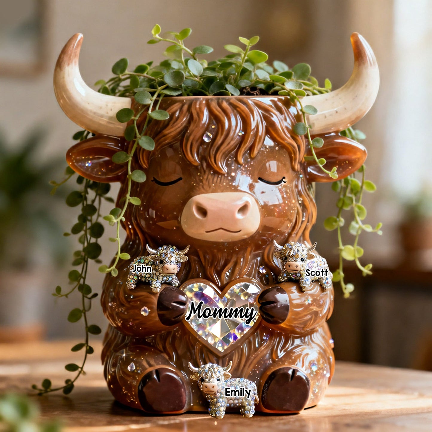 Landleben – Personalisierte Acryl-Blumenvase in Form eines Hochlandrindes