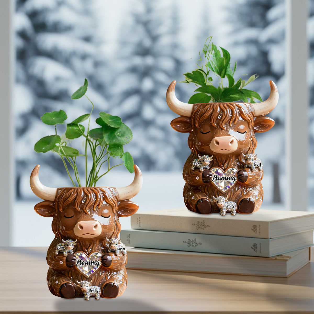 Landleben – Personalisierte Acryl-Blumenvase in Form eines Hochlandrindes