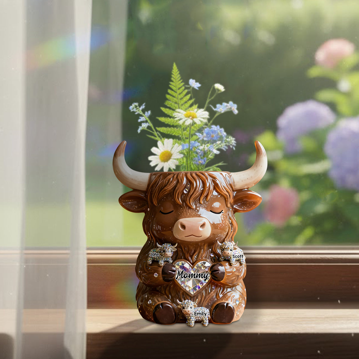 Landleben – Personalisierte Acryl-Blumenvase in Form eines Hochlandrindes