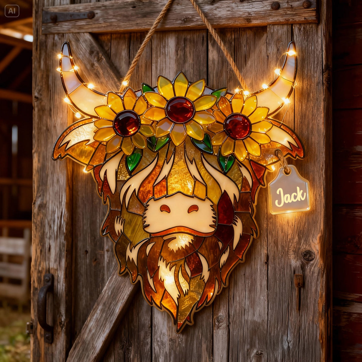 Vache des Highlands avec tournesols - Panneau lumineux LED personnalisé en acrylique représentant une vache des Highlands