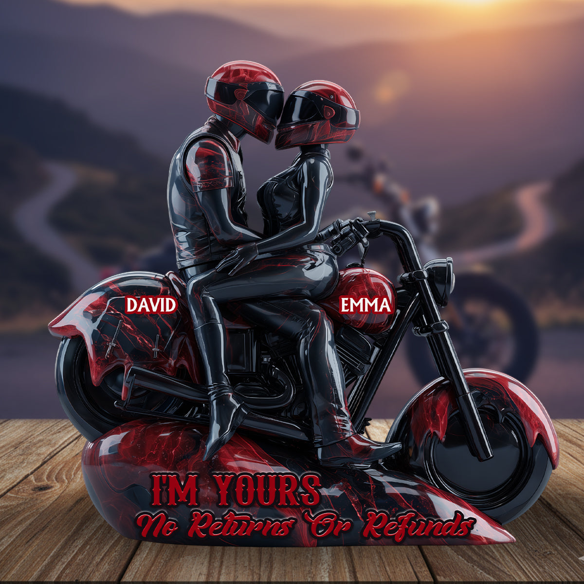 Ich bin dein – Keine Rückgabe oder Rückerstattung – Personalisierte Biker-Acrylplakette in individueller Form
