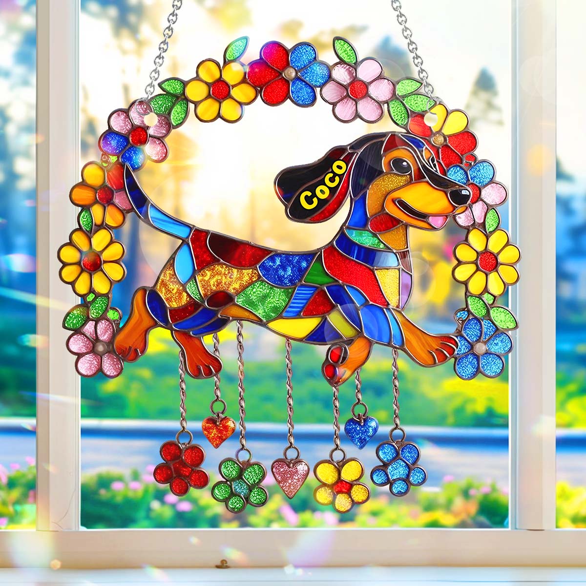 Niedlicher Dackel mit Blumen – Personalisierter Dackel-Fensterhänger als Sonnenfänger