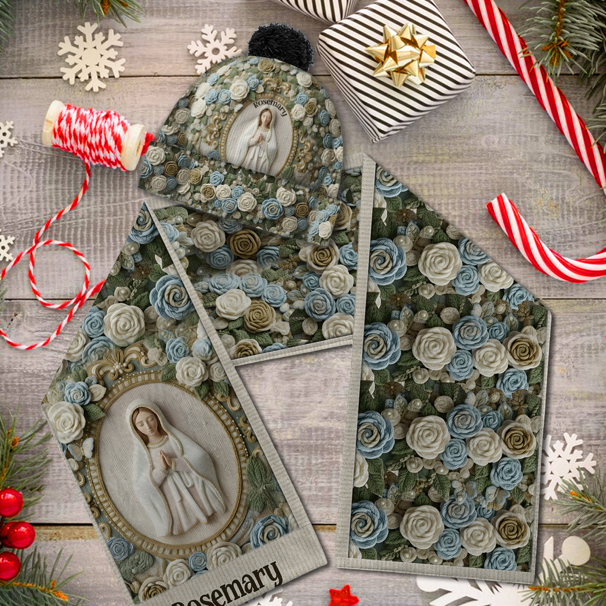 Unsere Liebe Frau Rose – Personalisiertes christliches Strickmützen- und Schal-Set