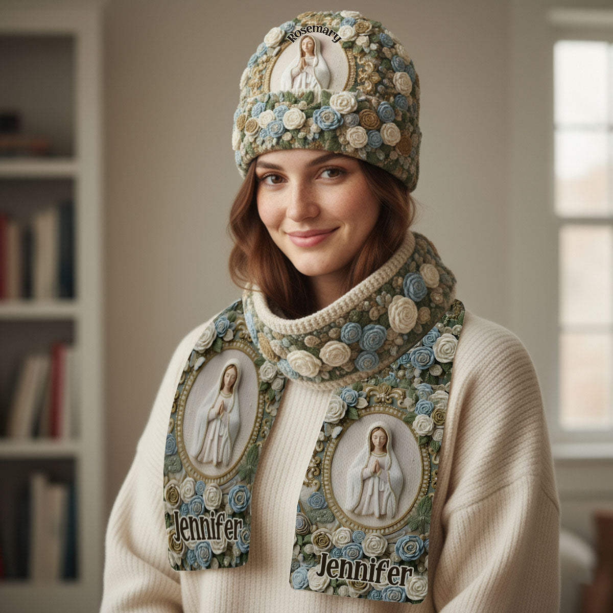 Unsere Liebe Frau Rose – Personalisiertes christliches Strickmützen- und Schal-Set