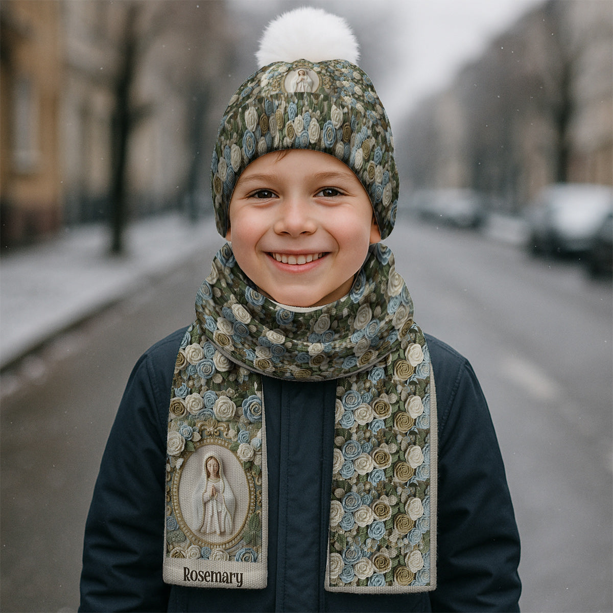 Unsere Liebe Frau Rose – Personalisiertes christliches Strickmützen- und Schal-Set