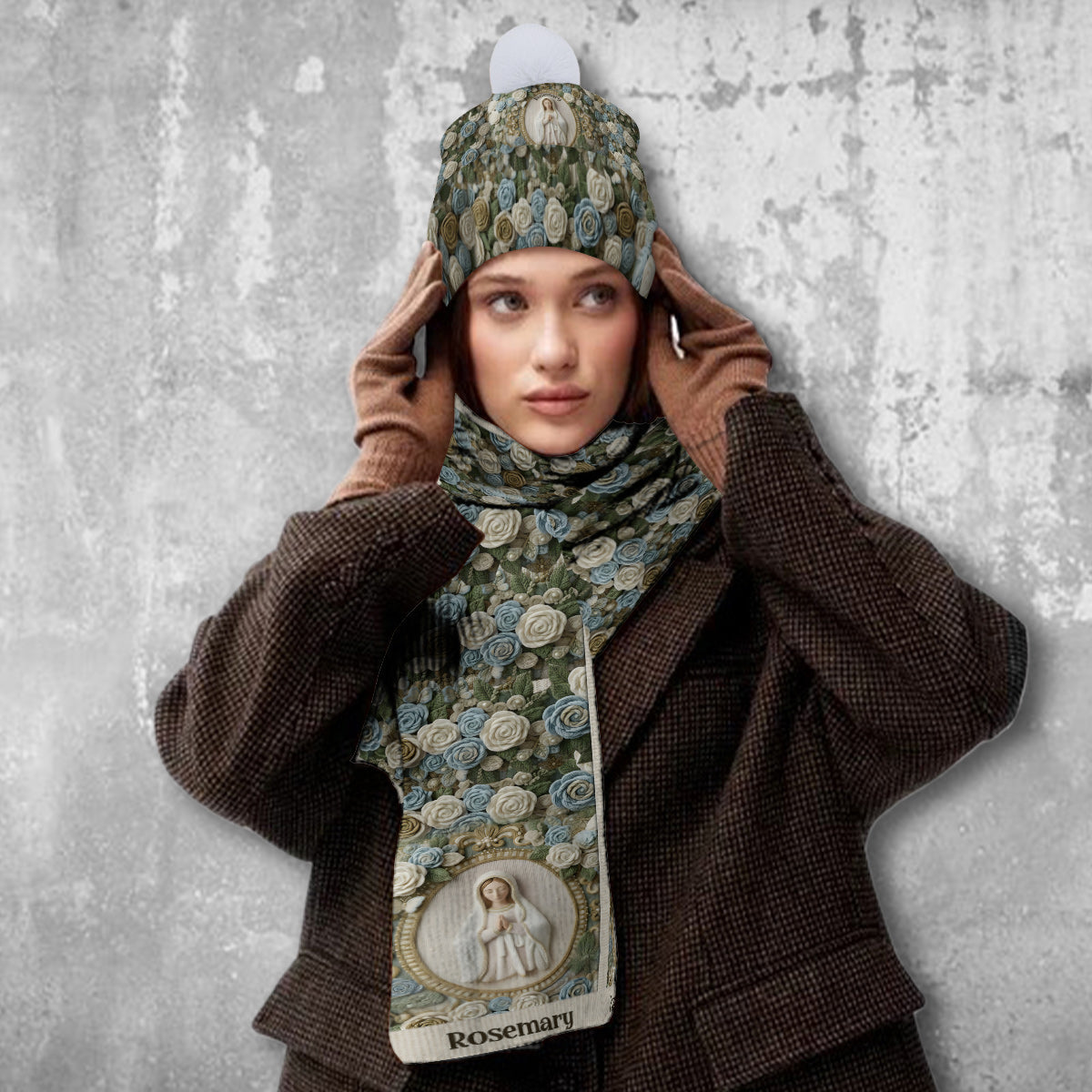 Unsere Liebe Frau Rose – Personalisiertes christliches Strickmützen- und Schal-Set