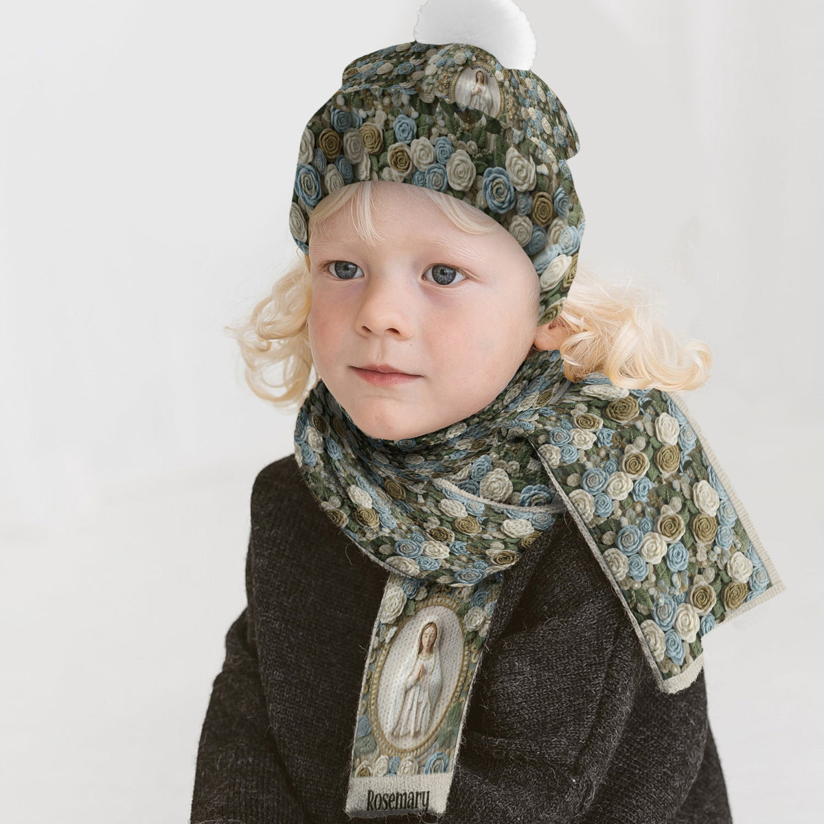 Unsere Liebe Frau Rose – Personalisiertes christliches Strickmützen- und Schal-Set