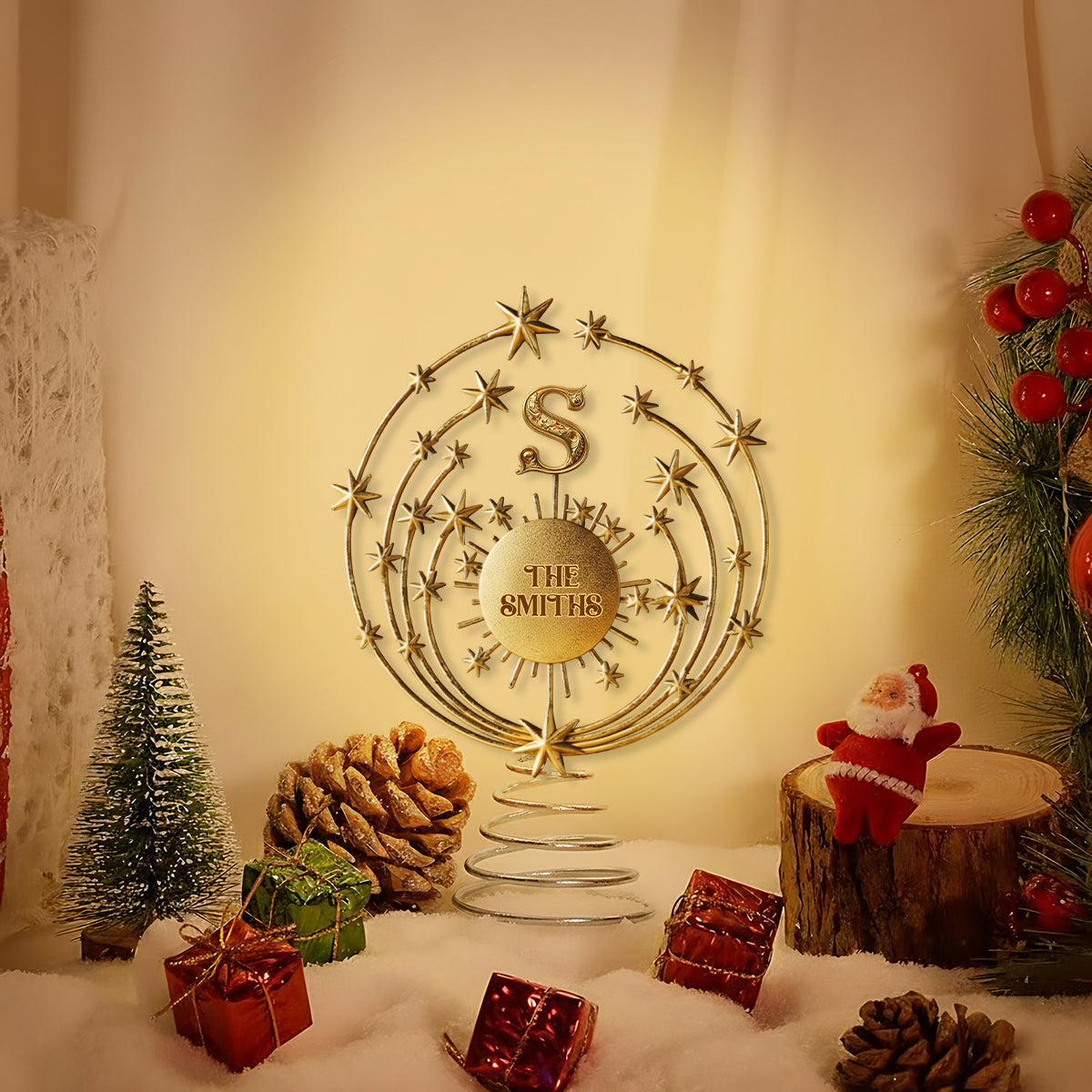 Frohe Weihnachten 2025, personalisierte LED-Baumspitze mit Familieninitialen