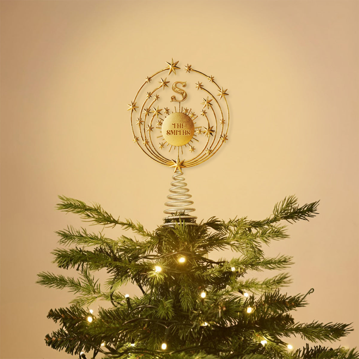 Frohe Weihnachten 2025, personalisierte LED-Baumspitze mit Familieninitialen