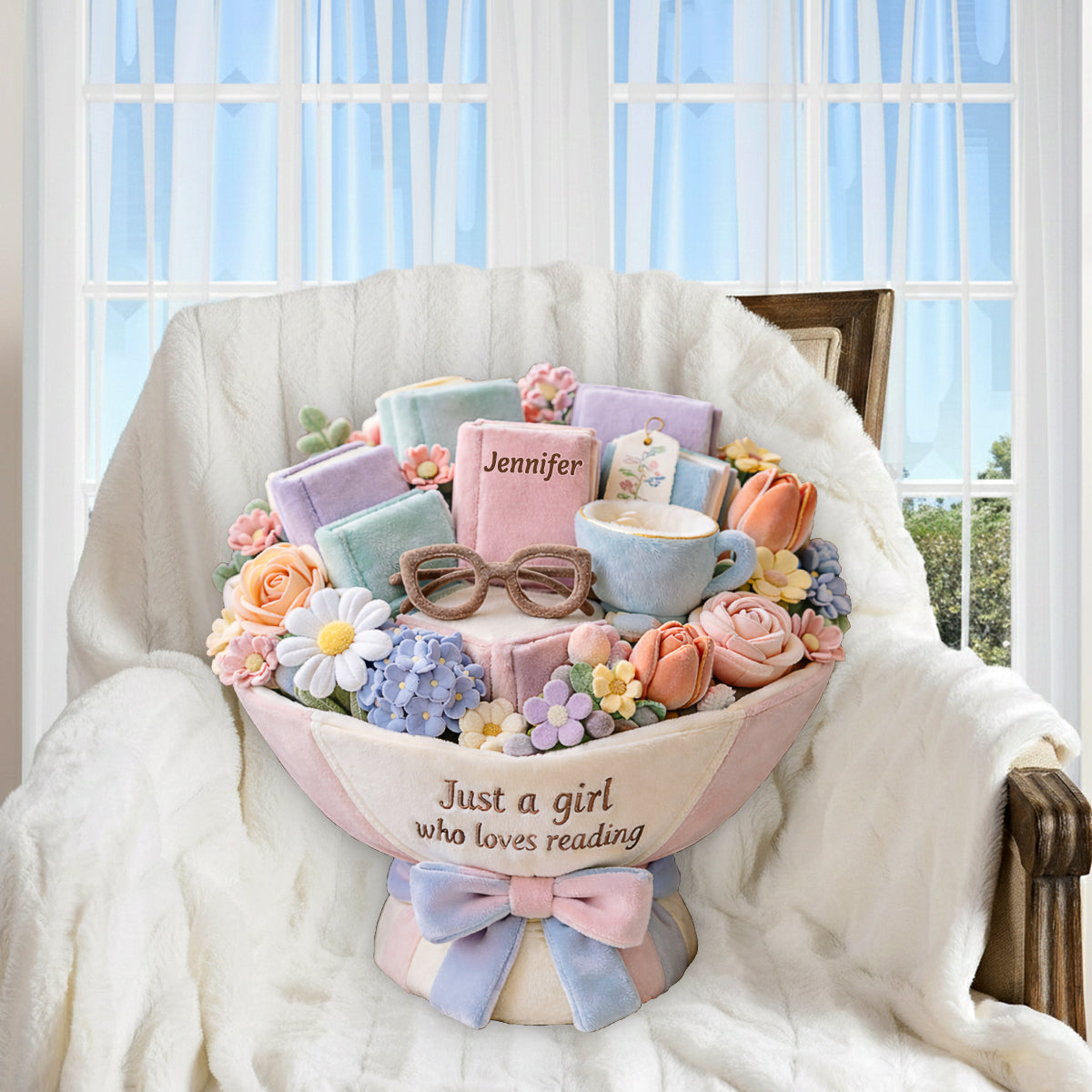 Just A Girl Who Loves Reading Plush Bouquet - Personalized Book Premium Faux Fur Pillow