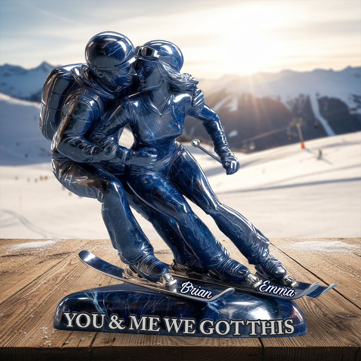„Du und ich, wir schaffen das“ – personalisierte, individuell geformte Acrylplakette zum Thema Skifahren