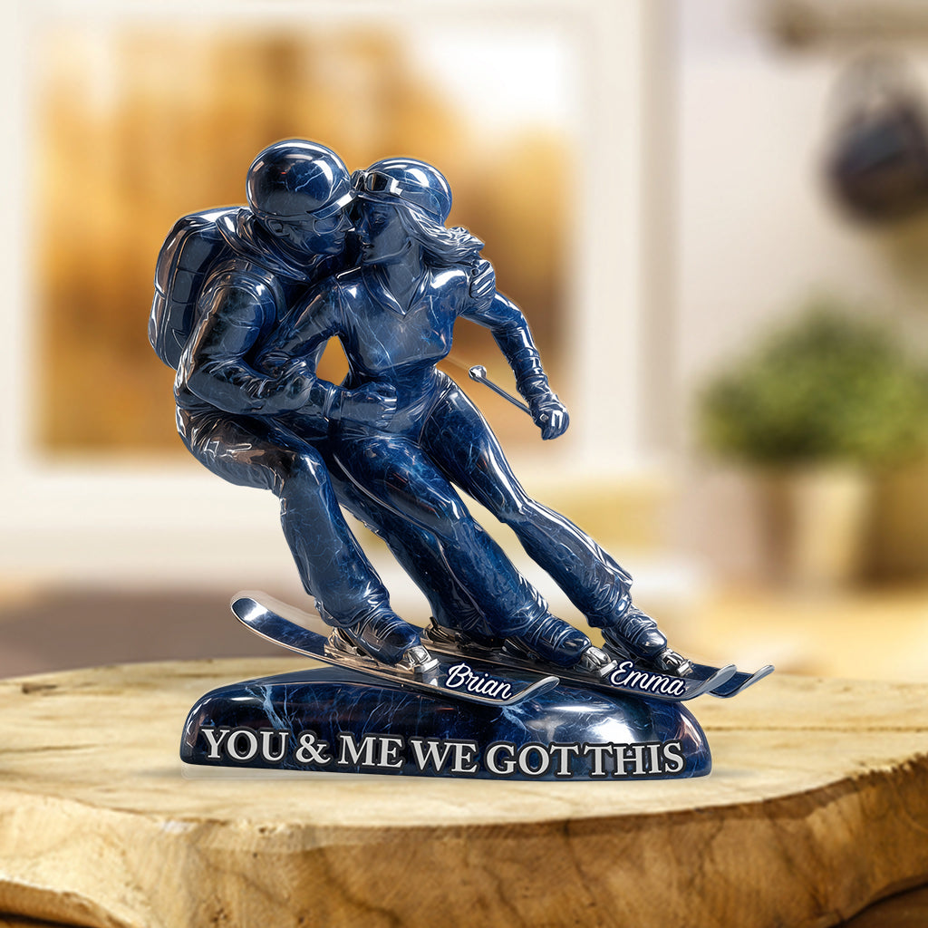 „Du und ich, wir schaffen das“ – personalisierte, individuell geformte Acrylplakette zum Thema Skifahren