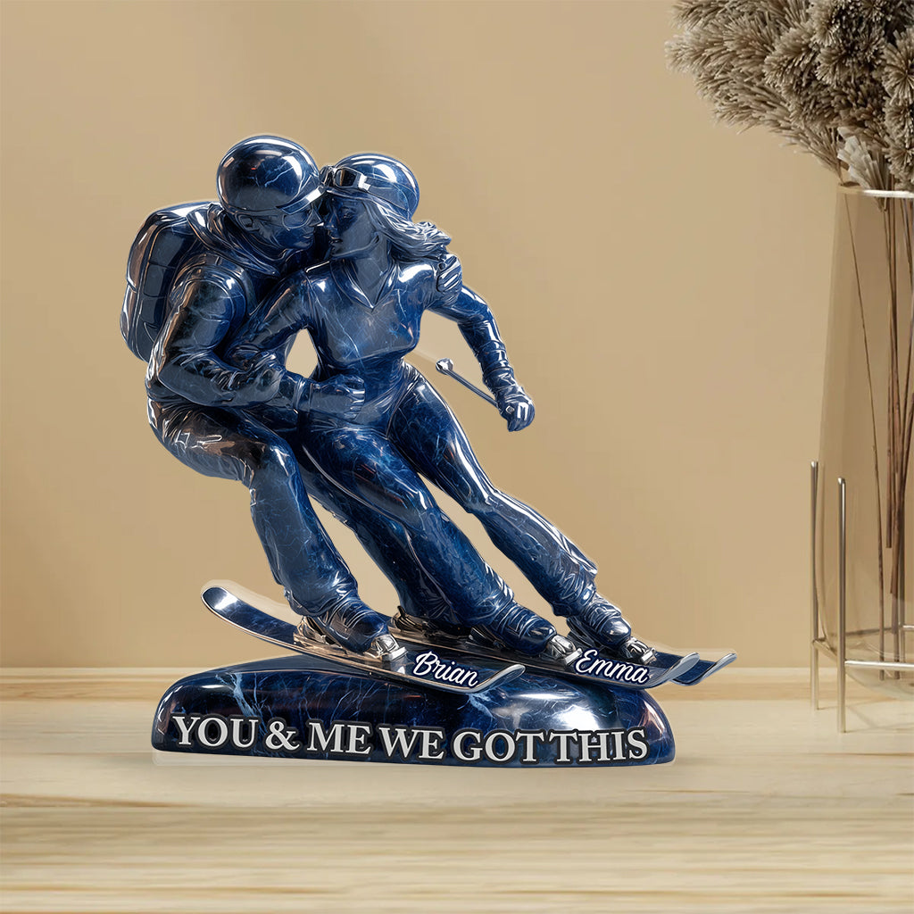 „Du und ich, wir schaffen das“ – personalisierte, individuell geformte Acrylplakette zum Thema Skifahren