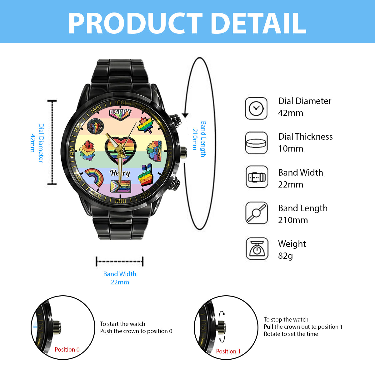 Montre-bracelet personnalisée Pride Rainbow - Soutien LGBT