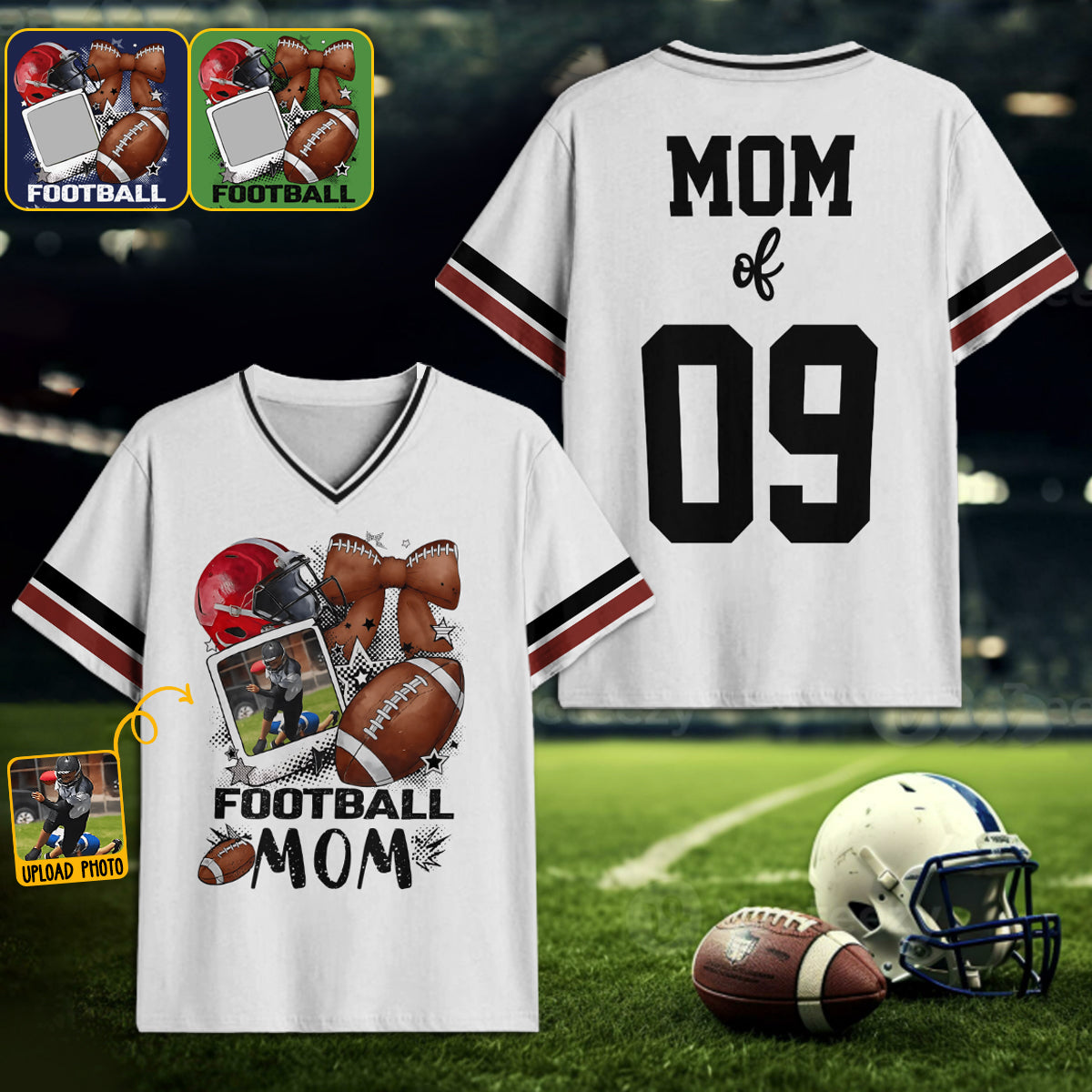 Maman/Papa/Mamie/Papi/Oncle/Tante de footballeur... - T-shirt à col en V entièrement imprimé sur le thème du football