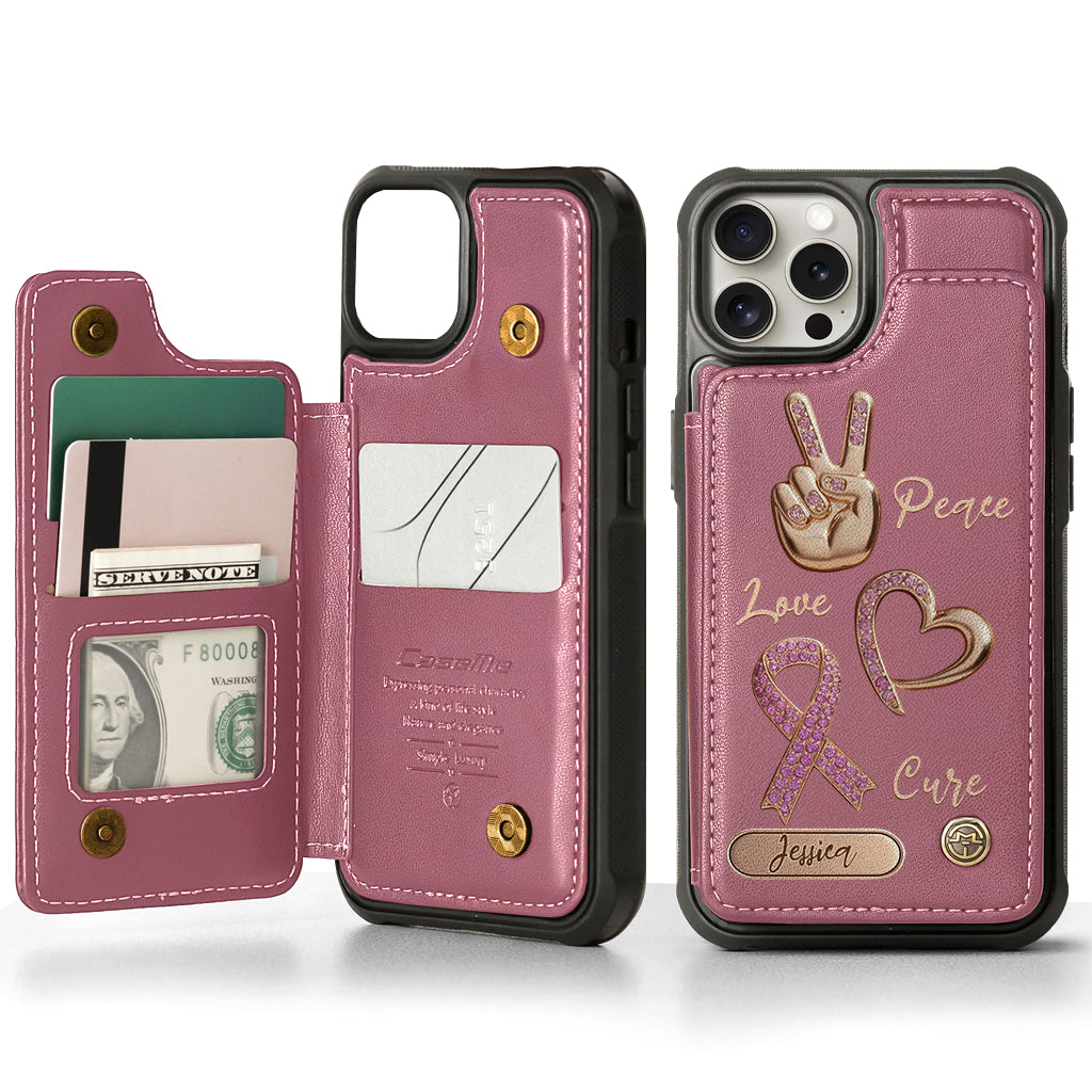 Étui portefeuille personnalisé Peace Love Cure pour téléphone, symbole de sensibilisation au cancer du sein