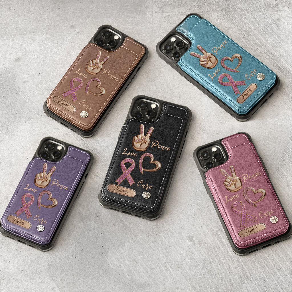 Étui portefeuille personnalisé Peace Love Cure pour téléphone, symbole de sensibilisation au cancer du sein