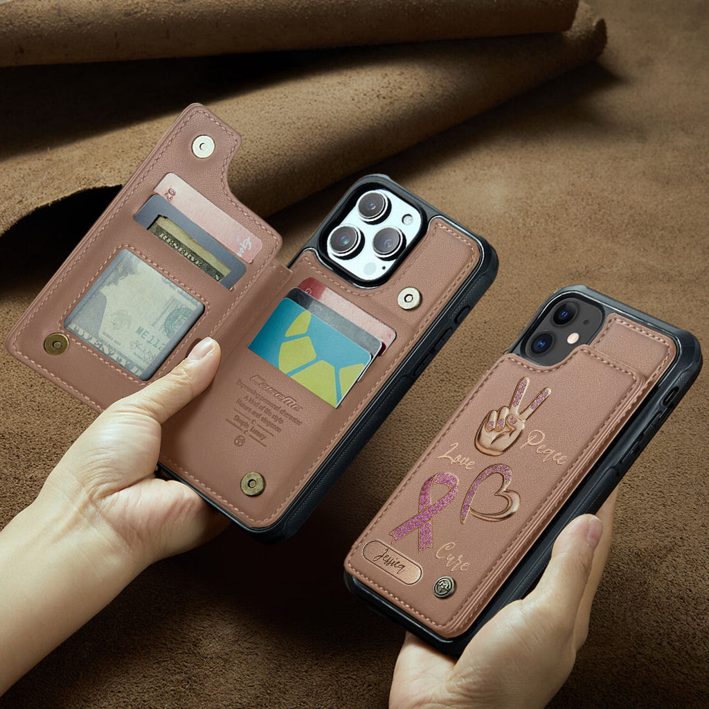 Étui portefeuille personnalisé Peace Love Cure pour téléphone, symbole de sensibilisation au cancer du sein