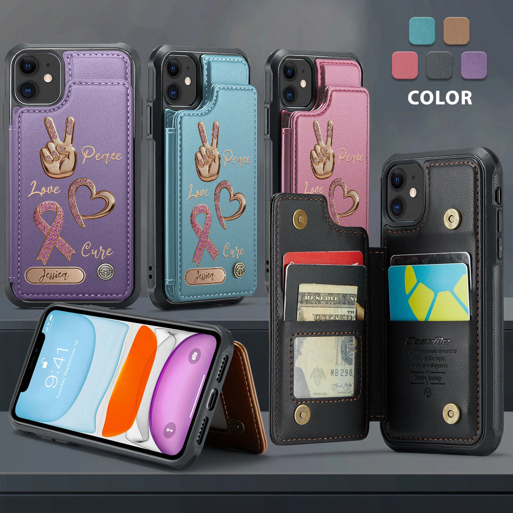 Étui portefeuille personnalisé Peace Love Cure pour téléphone, symbole de sensibilisation au cancer du sein