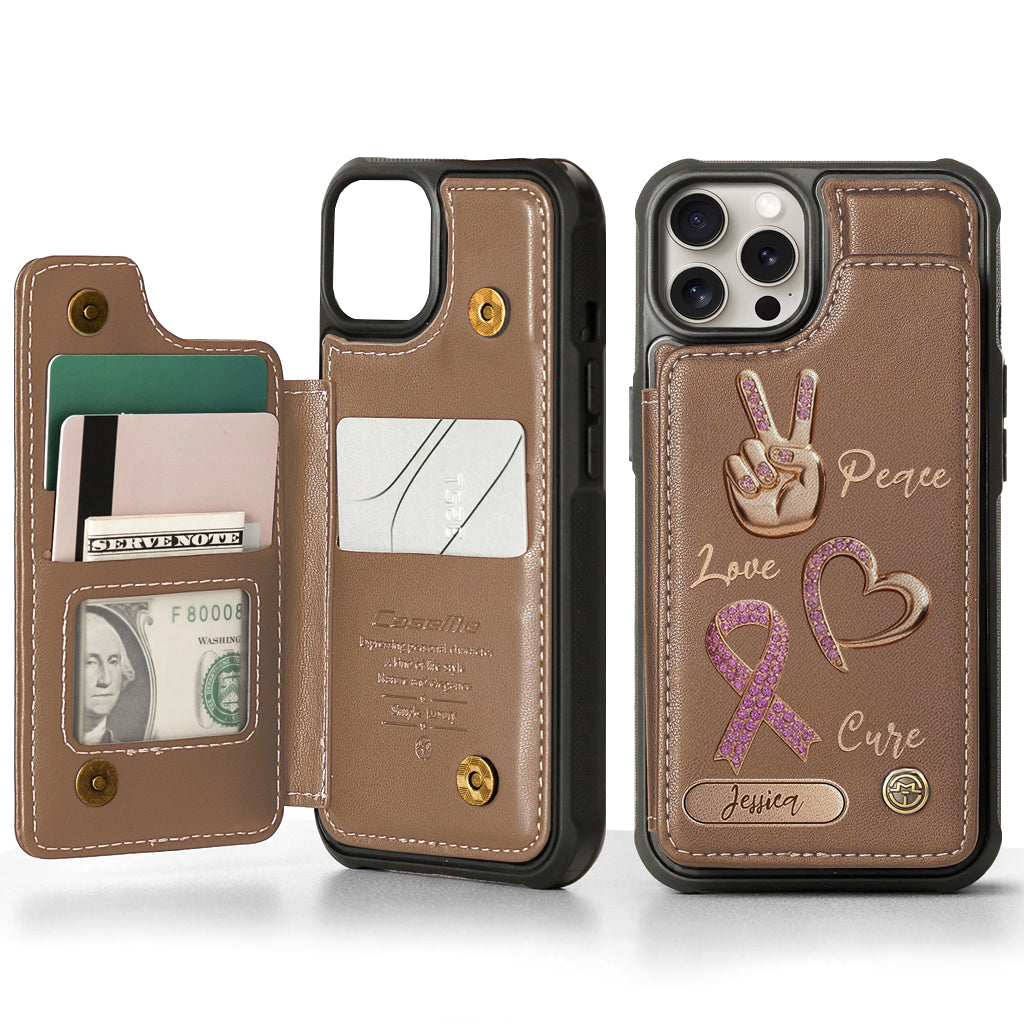 Étui portefeuille personnalisé Peace Love Cure pour téléphone, symbole de sensibilisation au cancer du sein
