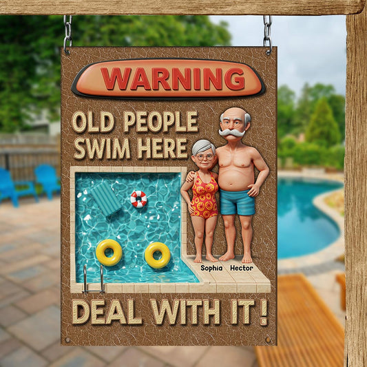 Warning Old People Swim Here - Personalized Couple Rectangle Metal Sign