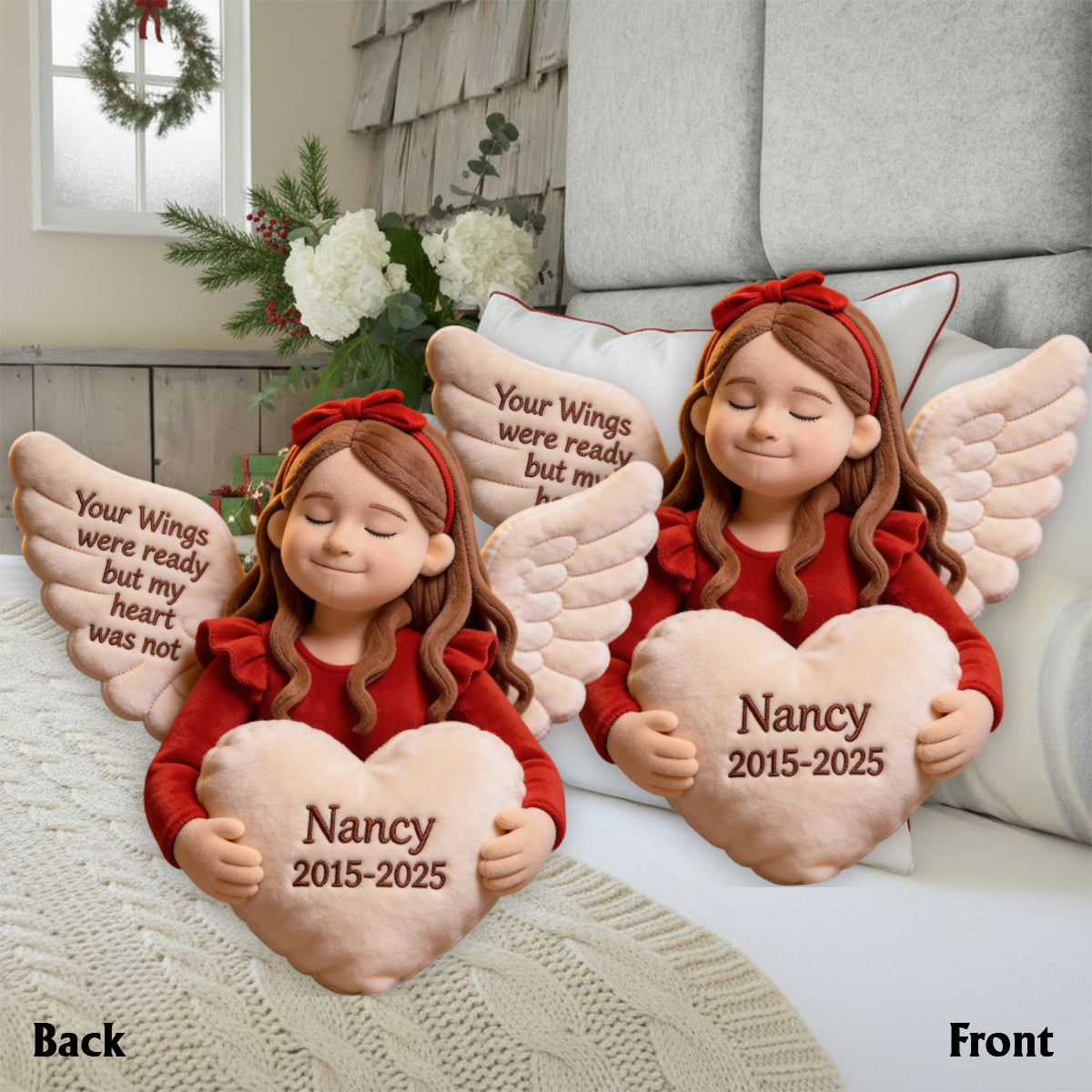 Tes ailes étaient prêtes, mais mon cœur ne l'était pas - Coussin commémoratif personnalisé en fausse fourrure