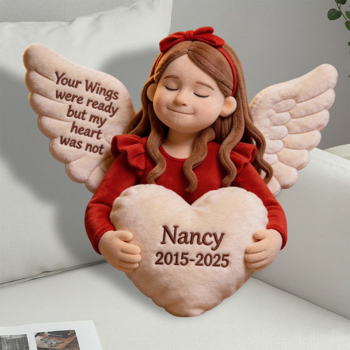 Tes ailes étaient prêtes, mais mon cœur ne l'était pas - Coussin commémoratif personnalisé en fausse fourrure