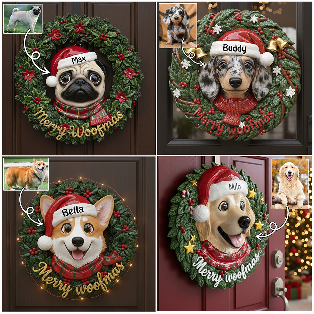Fröhliche Hundeweihnachten! Wunderschöner Kranz für Hundeliebhaber – personalisiertes Holzschild in Hundeform